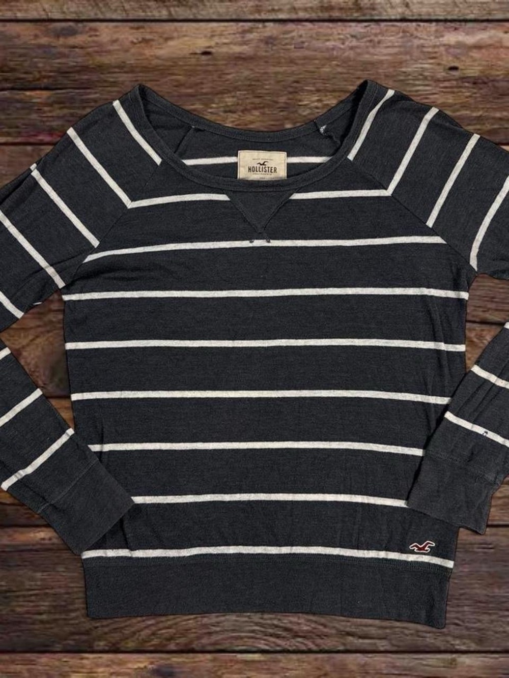 Hollister Charcoal and White Striped Long Sleeve Tee